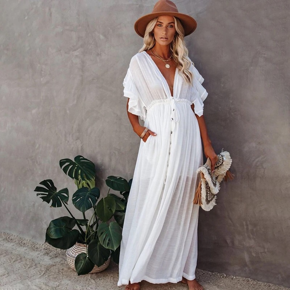 White Boho Deep V Open Back Maxi Cover Up Dress w/ Pockets - Picture 6 of 13